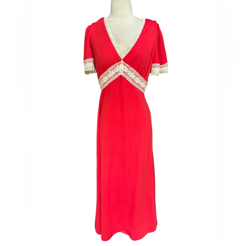 1970s‎ Jennifer Dale Lace Trim Poly Maxi Dress